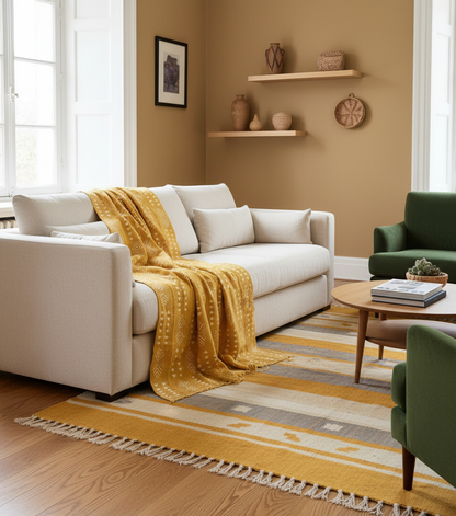 Etoffe bogolan du Mali couleur moutarde – Pièce d’exception, art vivant