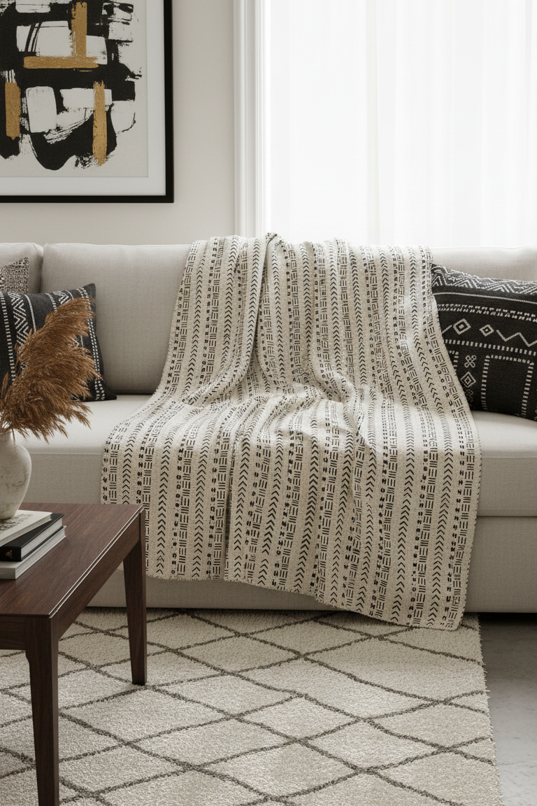 Etoffe bogolan du Mali couleur blanc et noir  – Pièce d’exception, art vivant