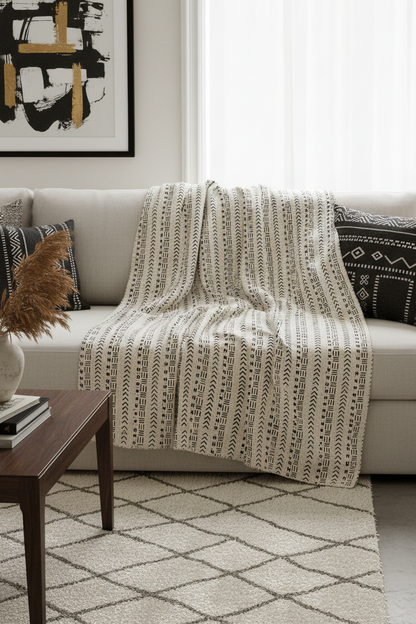 Etoffe bogolan du Mali couleur blanc et noir  – Pièce d’exception, art vivant