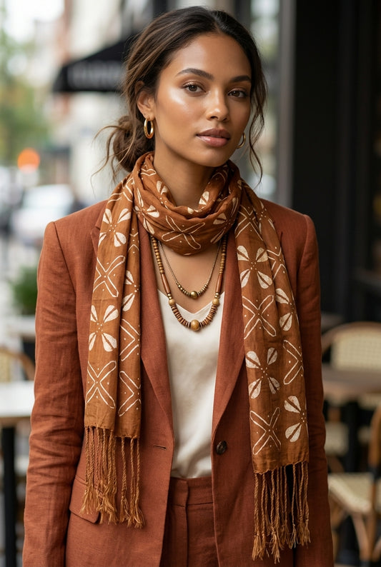 Écharpe bogolan artisanal multifonction – 200 × 37 cm -  marron blanc