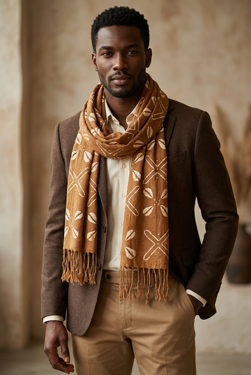 Écharpe bogolan artisanal multifonction – 200 × 37 cm -  marron blanc