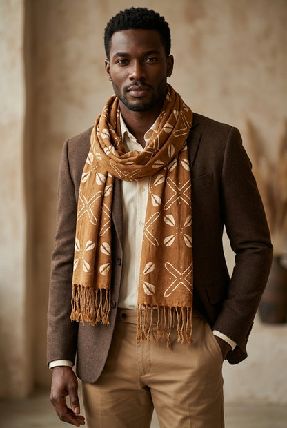 Écharpe bogolan artisanal multifonction – 200 × 37 cm -  marron blanc