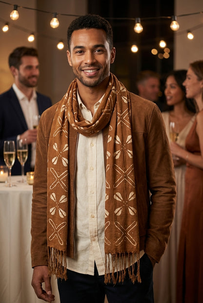 Écharpe bogolan artisanal multifonction – 200 × 37 cm -  marron blanc