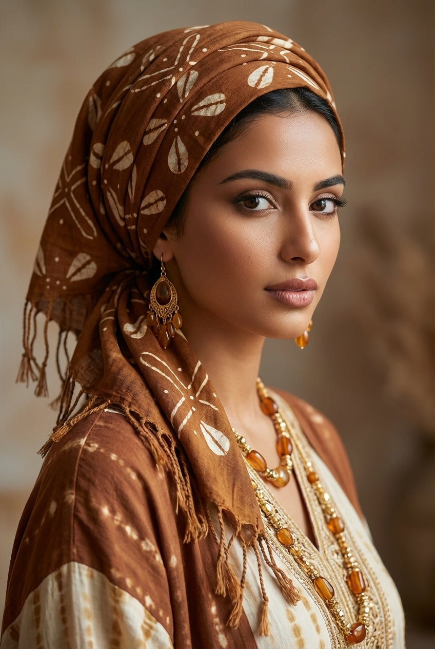 Écharpe bogolan artisanal multifonction – 200 × 37 cm -  marron blanc