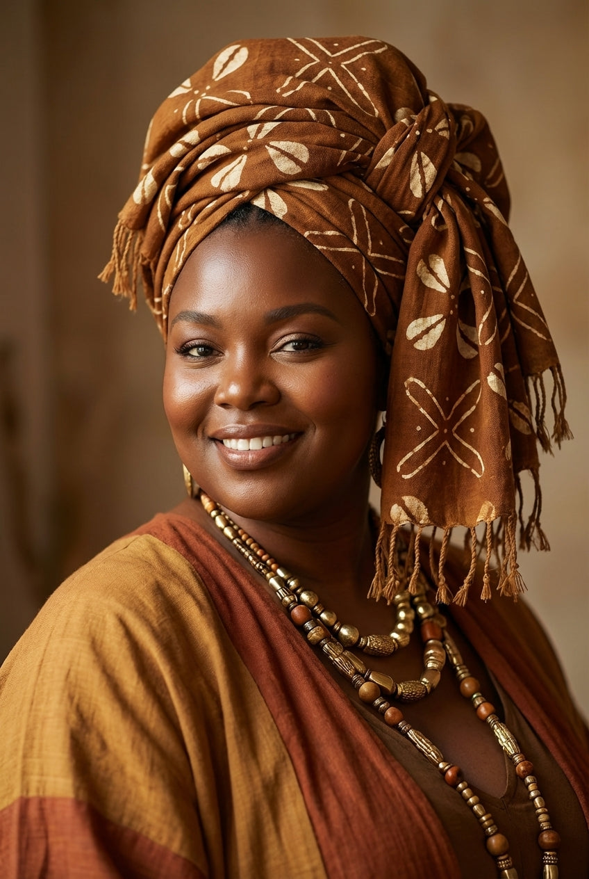 Écharpe bogolan artisanal multifonction – 200 × 37 cm -  marron blanc