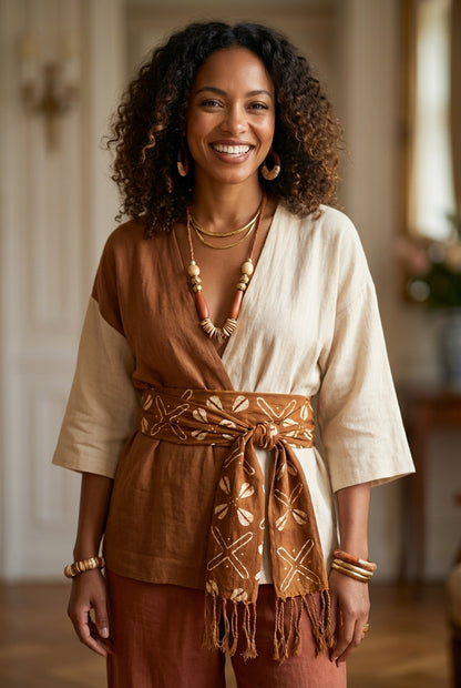 Écharpe bogolan artisanal multifonction – 200 × 37 cm -  marron blanc