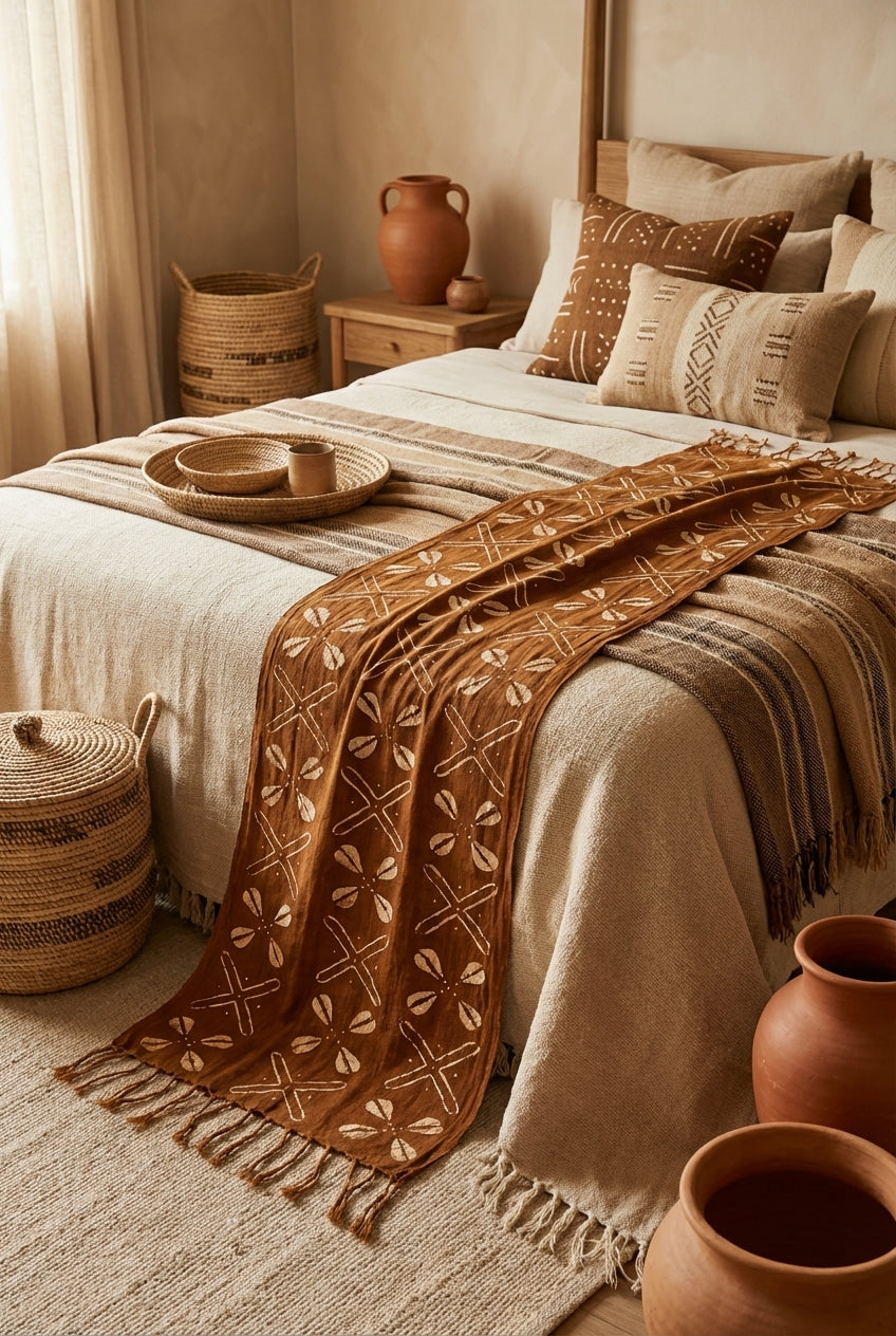 Écharpe bogolan artisanal multifonction – 200 × 37 cm -  marron blanc