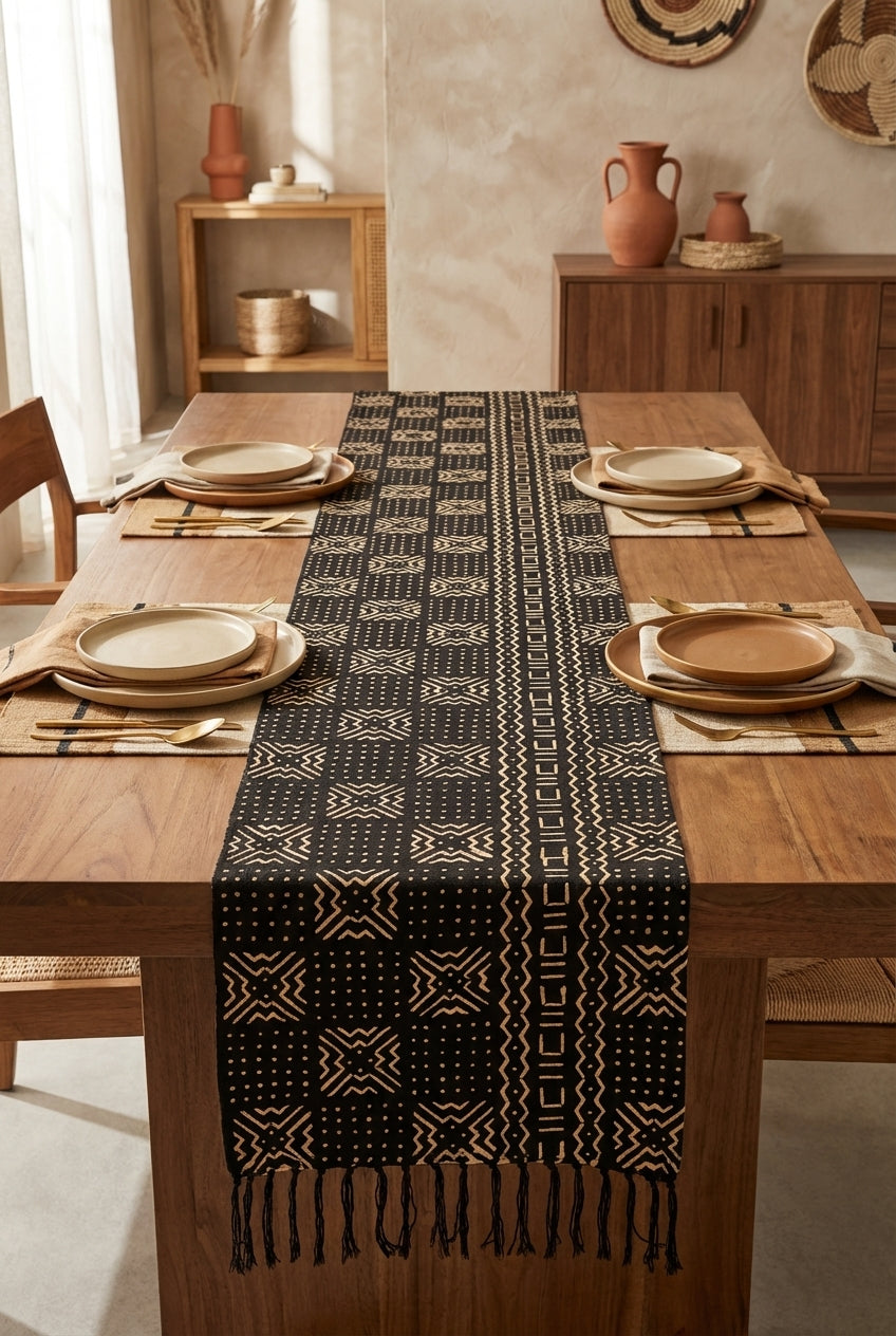 Écharpe bogolan artisanal multifonction – 200 × 37 cm -  noir  blanc