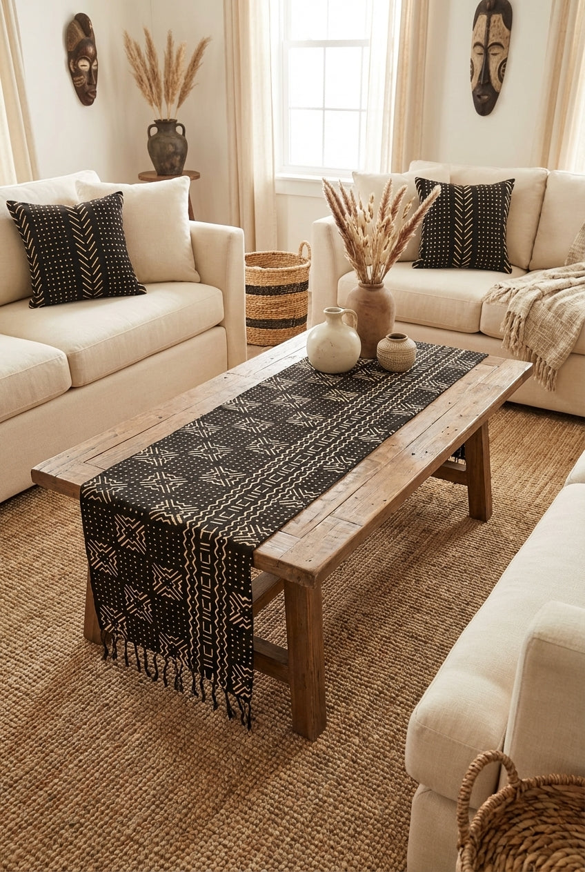 Écharpe bogolan artisanal multifonction – 200 × 37 cm -  noir  blanc