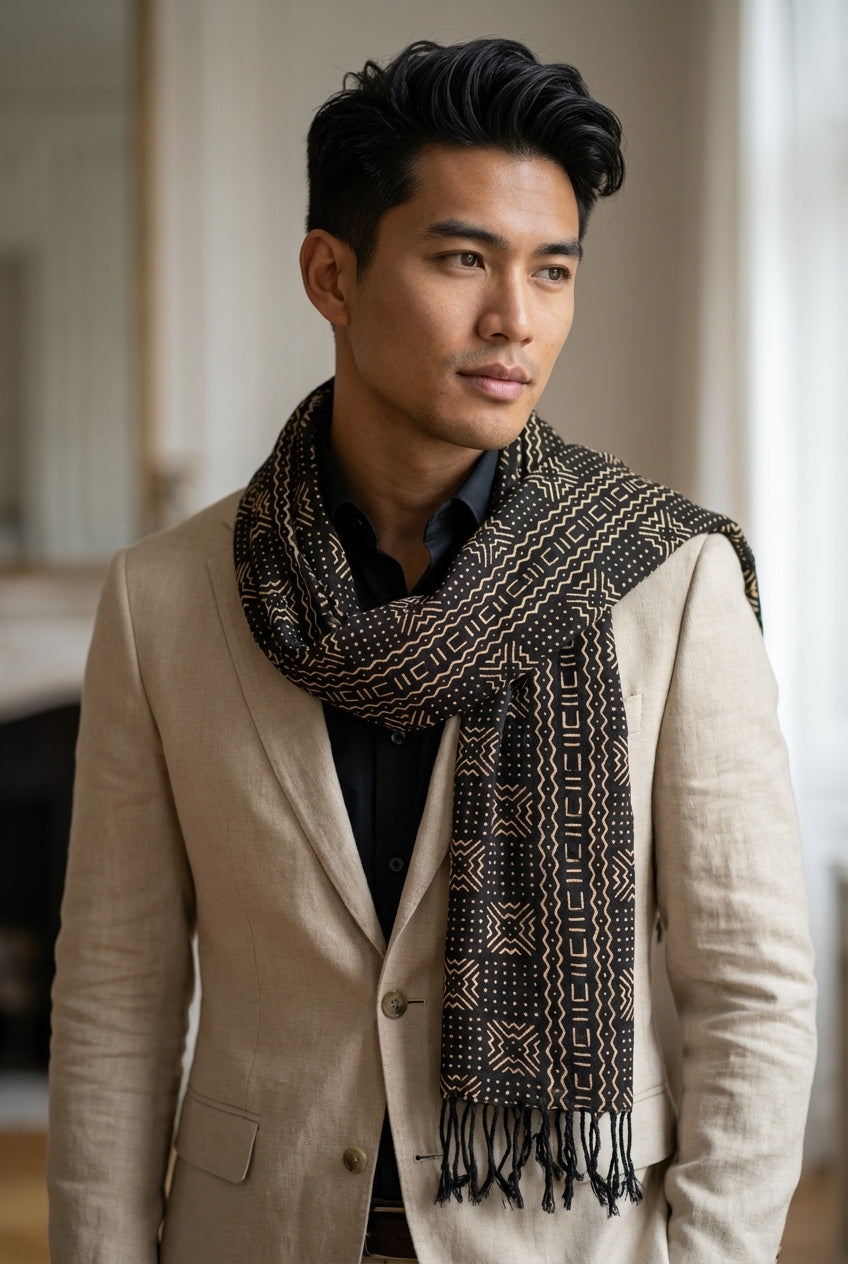 Écharpe bogolan artisanal multifonction – 200 × 37 cm -  noir  blanc