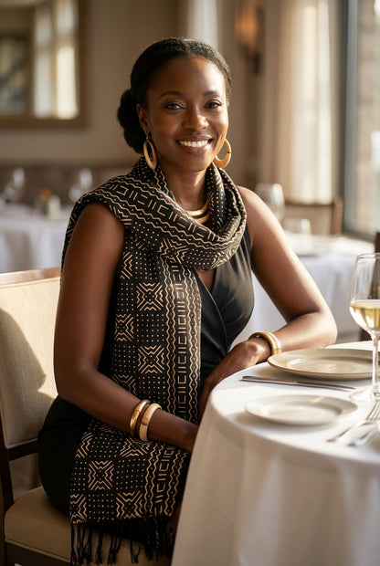 Écharpe bogolan artisanal multifonction – 200 × 37 cm -  noir  blanc