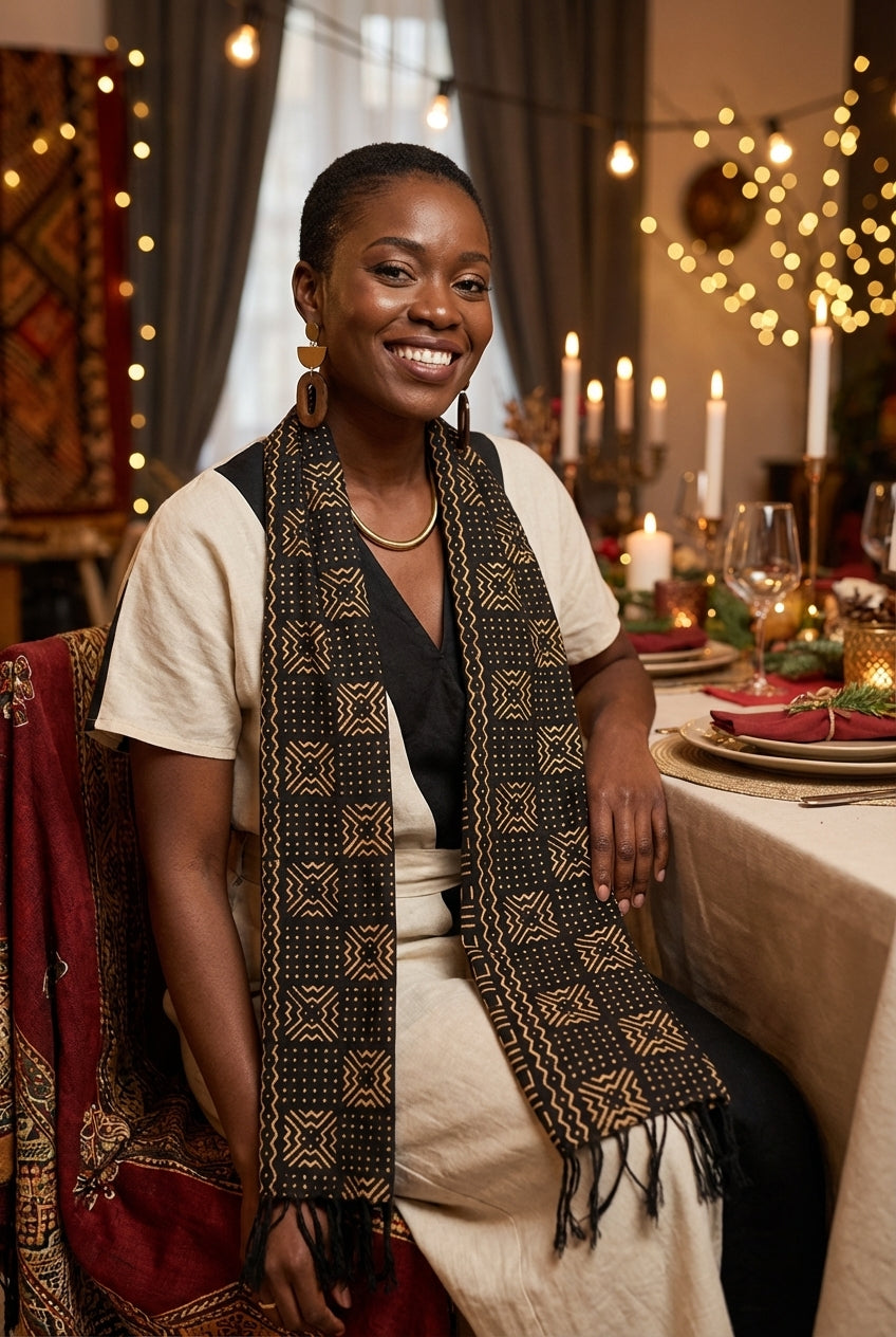 Écharpe bogolan artisanal multifonction – 200 × 37 cm -  noir  blanc