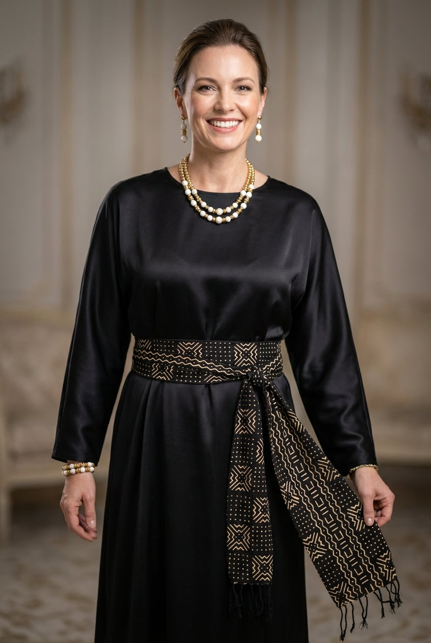 Écharpe bogolan artisanal multifonction – 200 × 37 cm -  noir  blanc