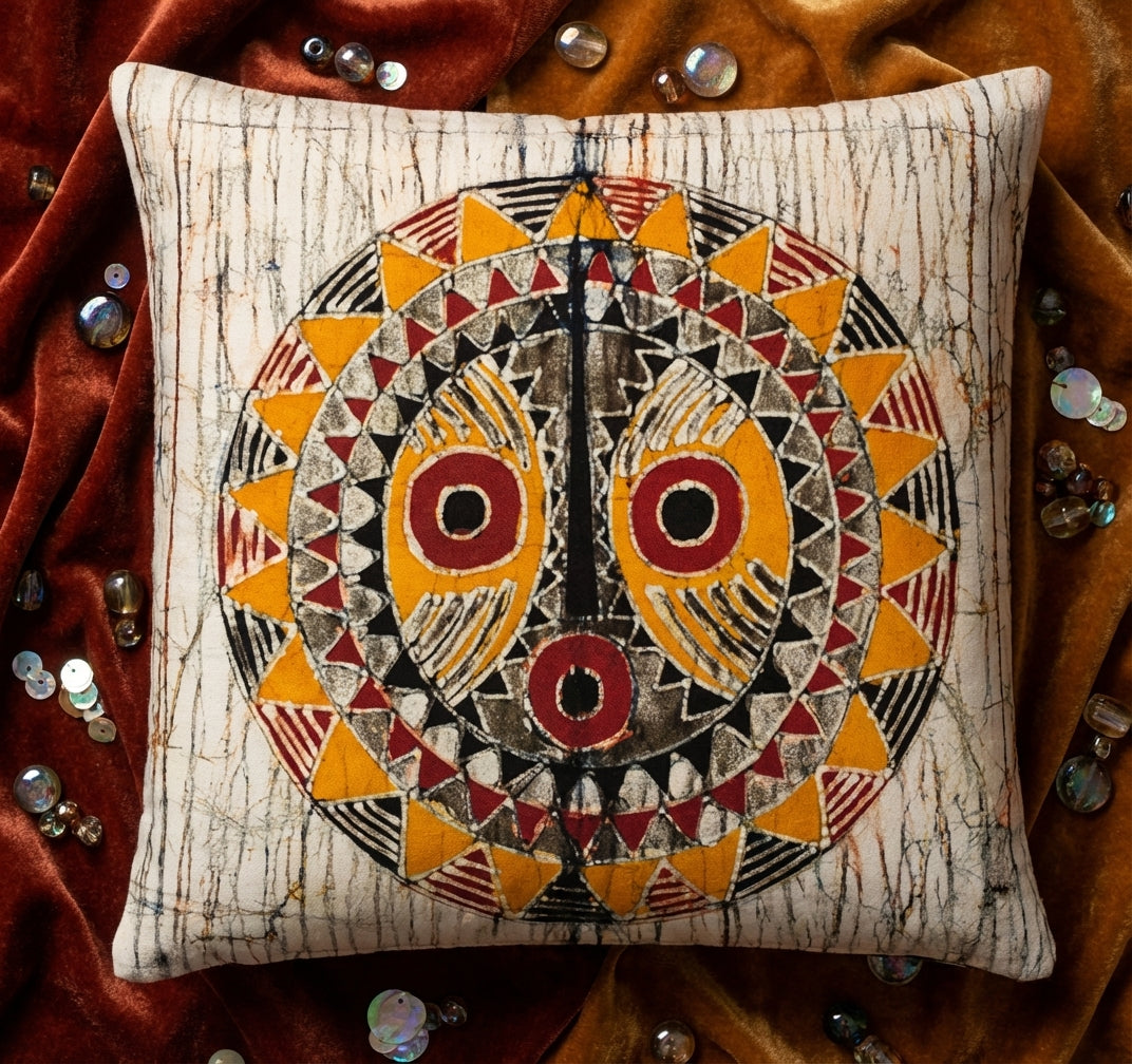 Batik Artisanal "Masque africain Soleil " - Housse Fait Main -