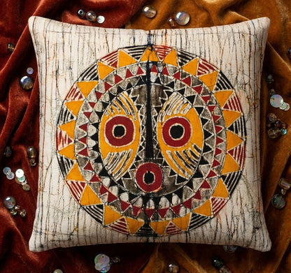 Batik Artisanal "Masque africain Soleil " - Housse Fait Main -