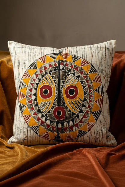 Batik Artisanal "Masque africain Soleil " - Housse Fait Main -