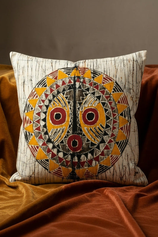 Batik Artisanal "Masque africain Soleil " - Housse Fait Main -