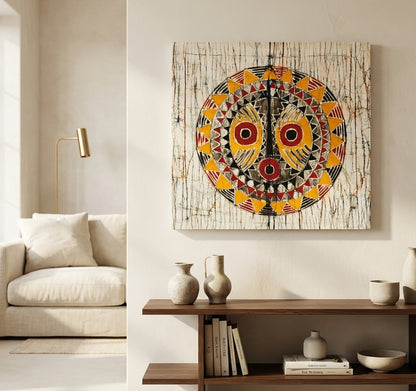 Batik Artisanal "Masque africain Soleil " - Housse Fait Main -