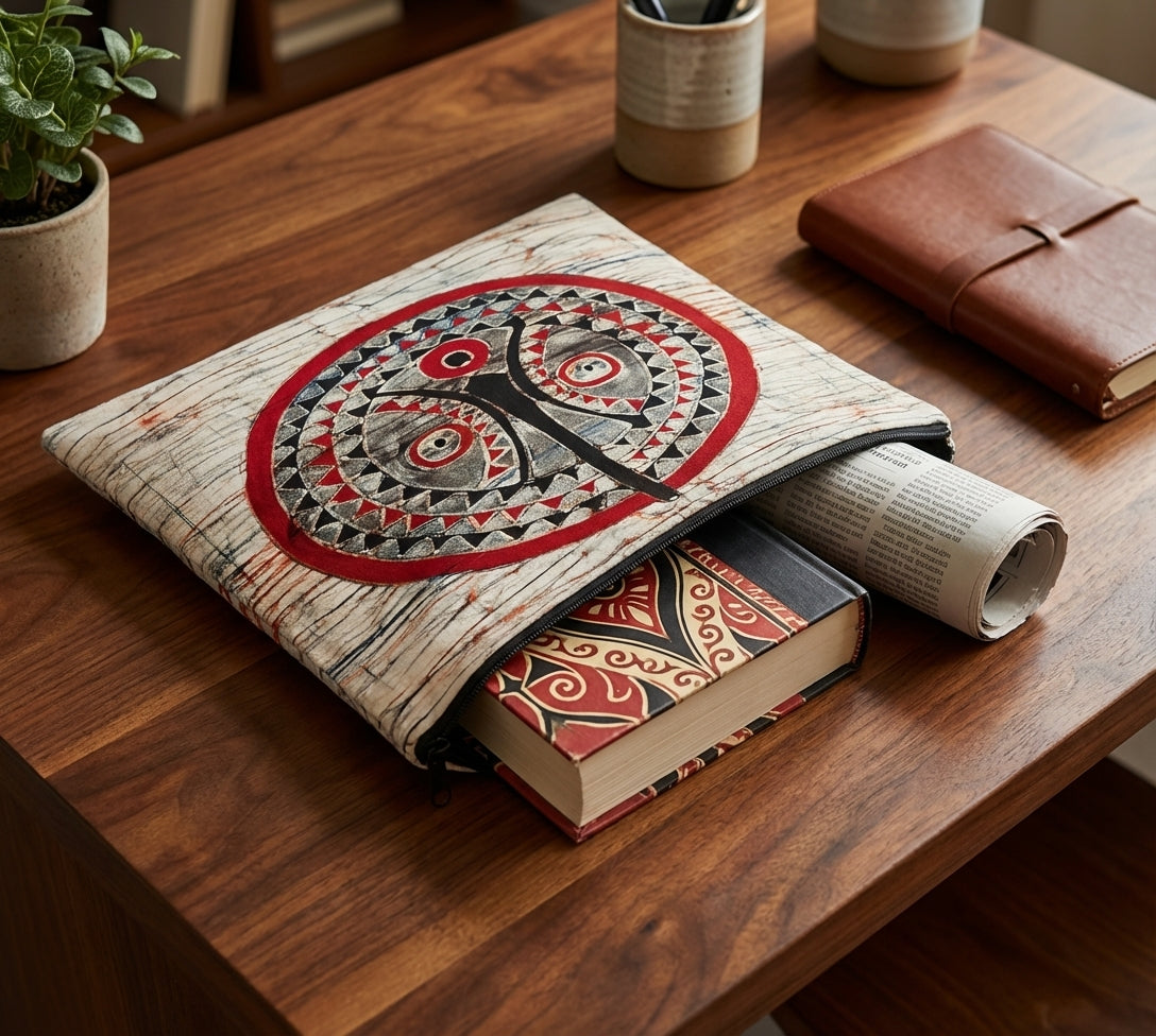 Batik Artisanal "Masque africain" - Housse Fait Main rouge ivoire