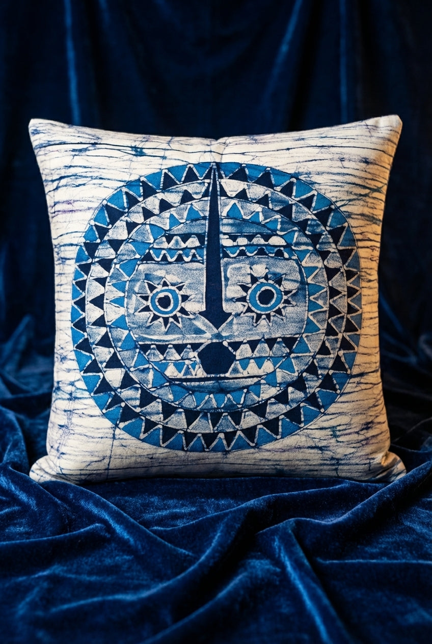 Batik Artisanal "Masque africain soleil " - Housse Fait Main - bleu blanc
