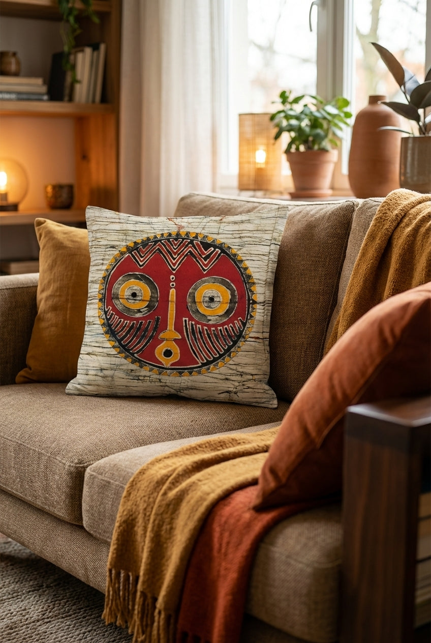 Batik Artisanal "Masque africain " - Housse Fait Main - orange