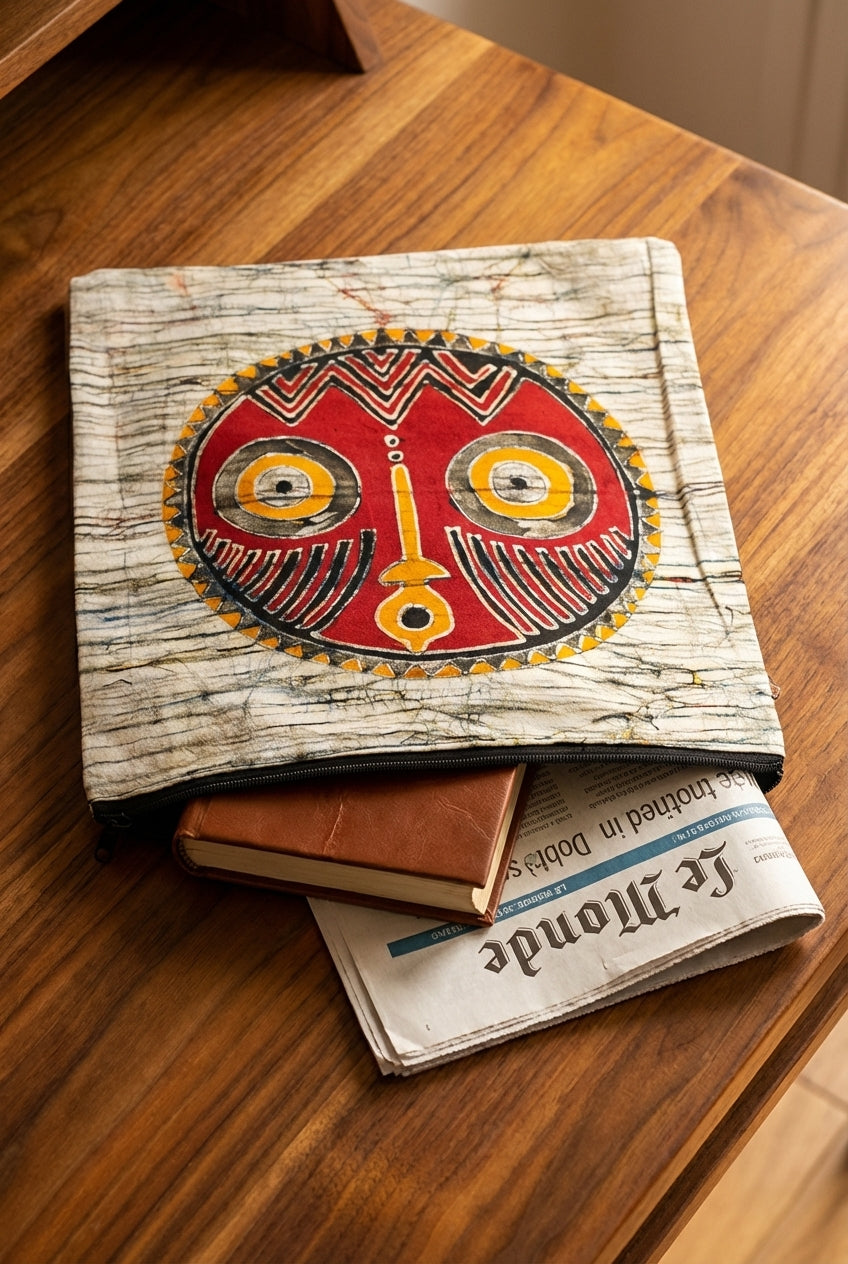 Batik Artisanal "Masque africain " - Housse Fait Main - orange