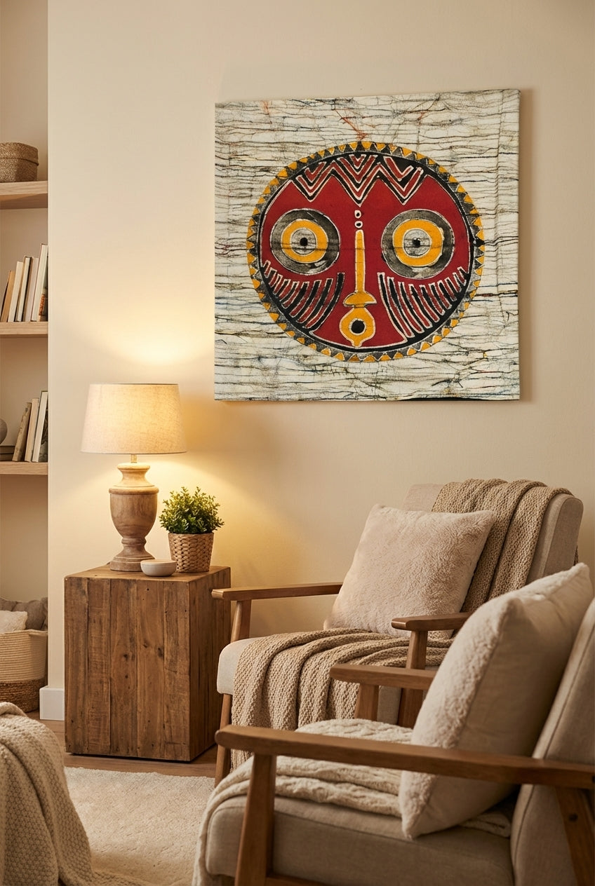 Batik Artisanal "Masque africain " - Housse Fait Main - orange