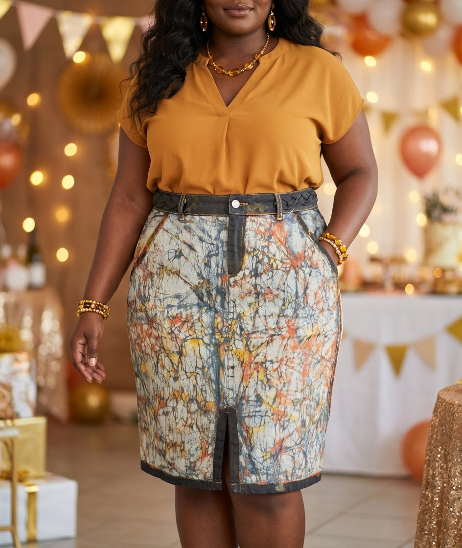 Jupe en jean customisée en batik – Pièce unique ✨