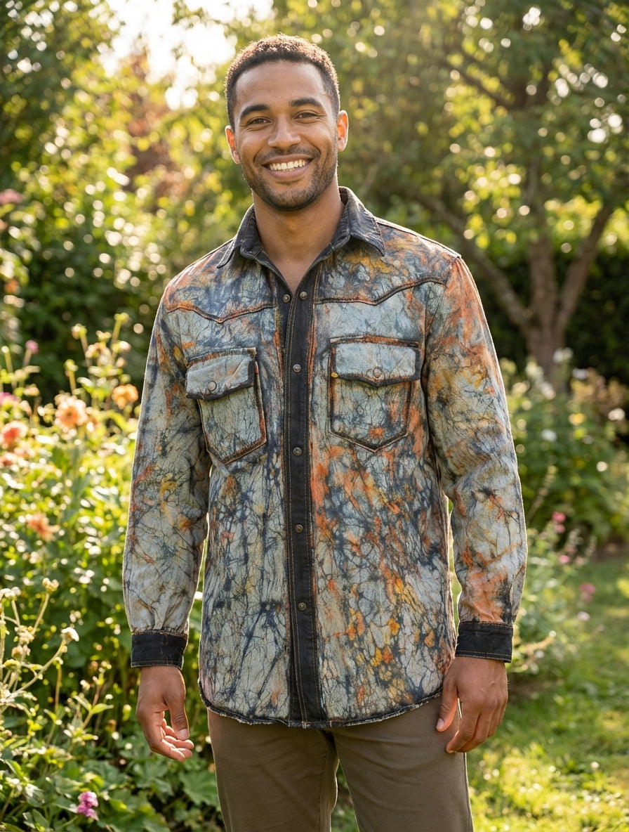 Chemise en jean homme customisée en batik – Pièce unique ✨