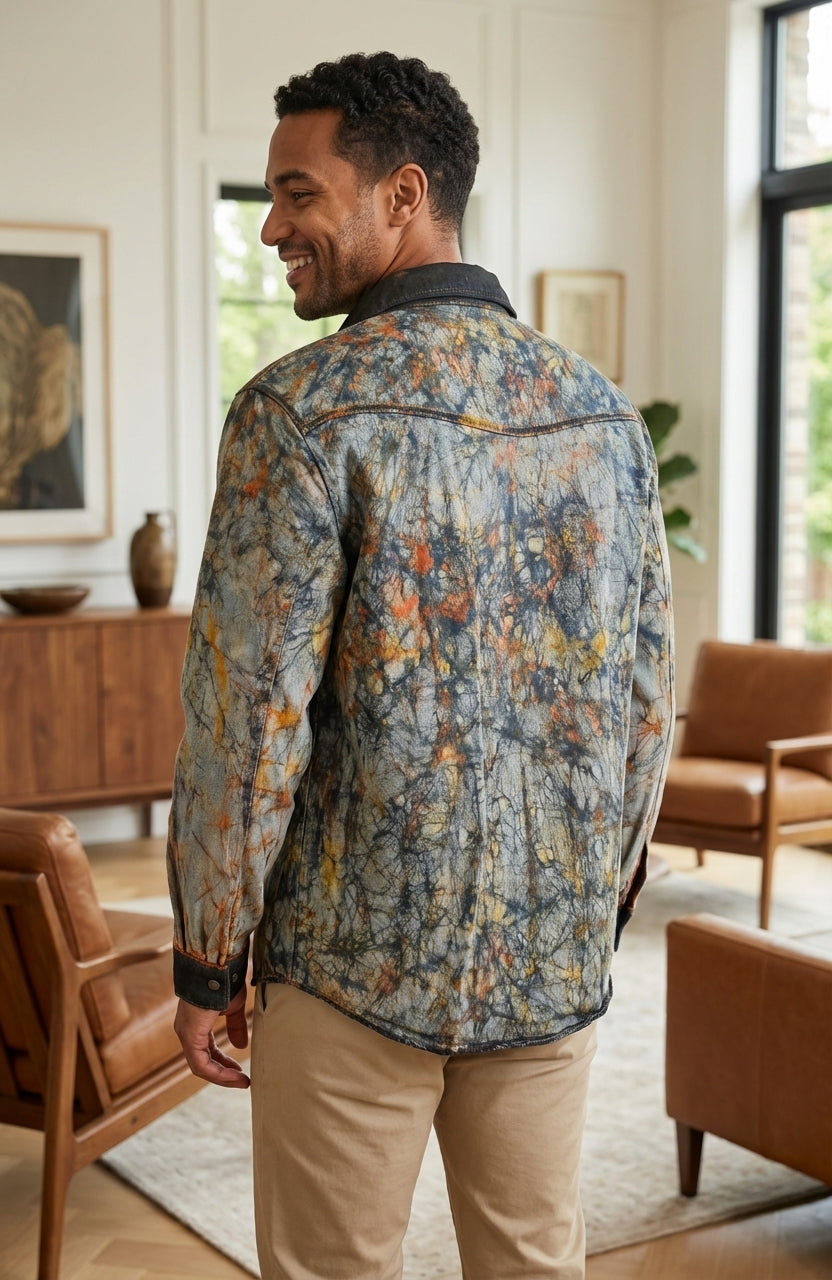 Chemise en jean homme customisée en batik – Pièce unique ✨