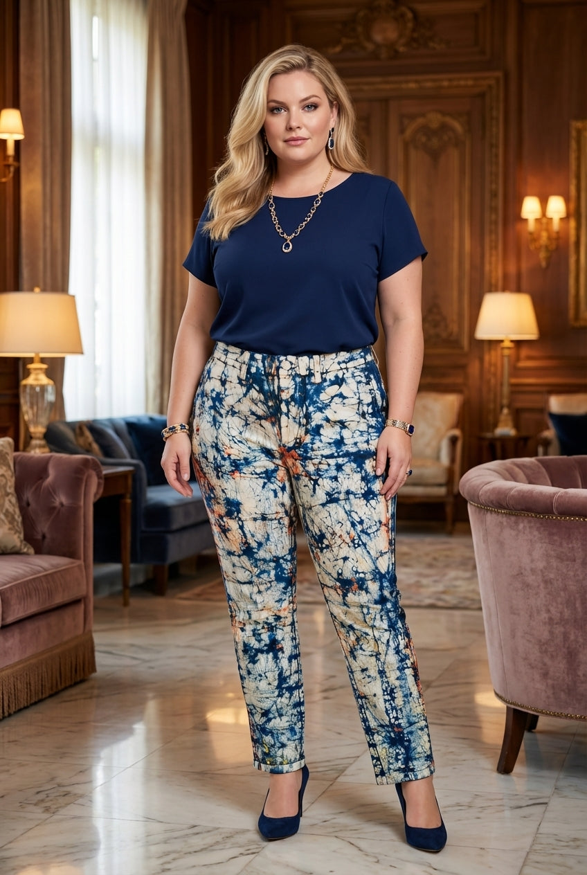 Pantalon femme taille haute – coton customisé en batik artisanal