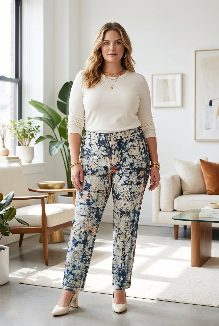 Pantalon femme taille haute – coton customisé en batik artisanal