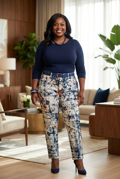 Pantalon femme taille haute – coton customisé en batik artisanal