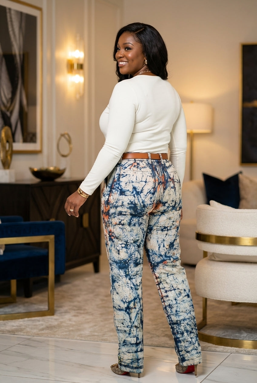Pantalon femme taille haute – coton customisé en batik artisanal