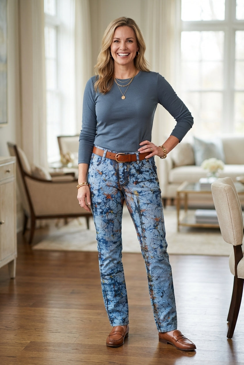 Pantalon femme taille haute – coton customisé en batik artisanal bleu