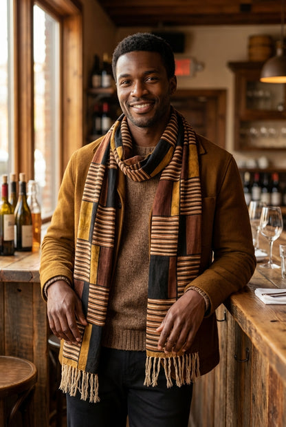 Écharpe bogolan artisanal multifonction – 200 × 37 cm -  terre d ombre