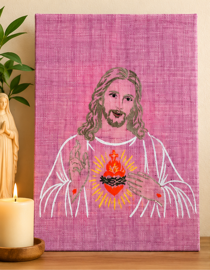 Tableau du Sacré-Cœur de Jésus en ambiance de prière