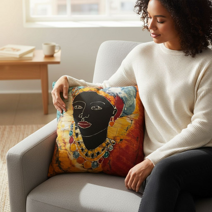 Batik Artisanal "Femme au Foulard" - Housse Coton Pièce Unique multi usages