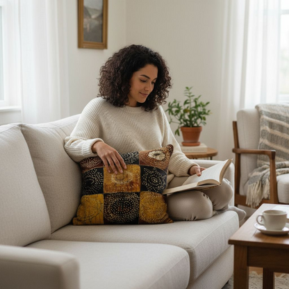 Batik Artisanal Damier Ensoleillé - Housse Coton Fait Main🌞