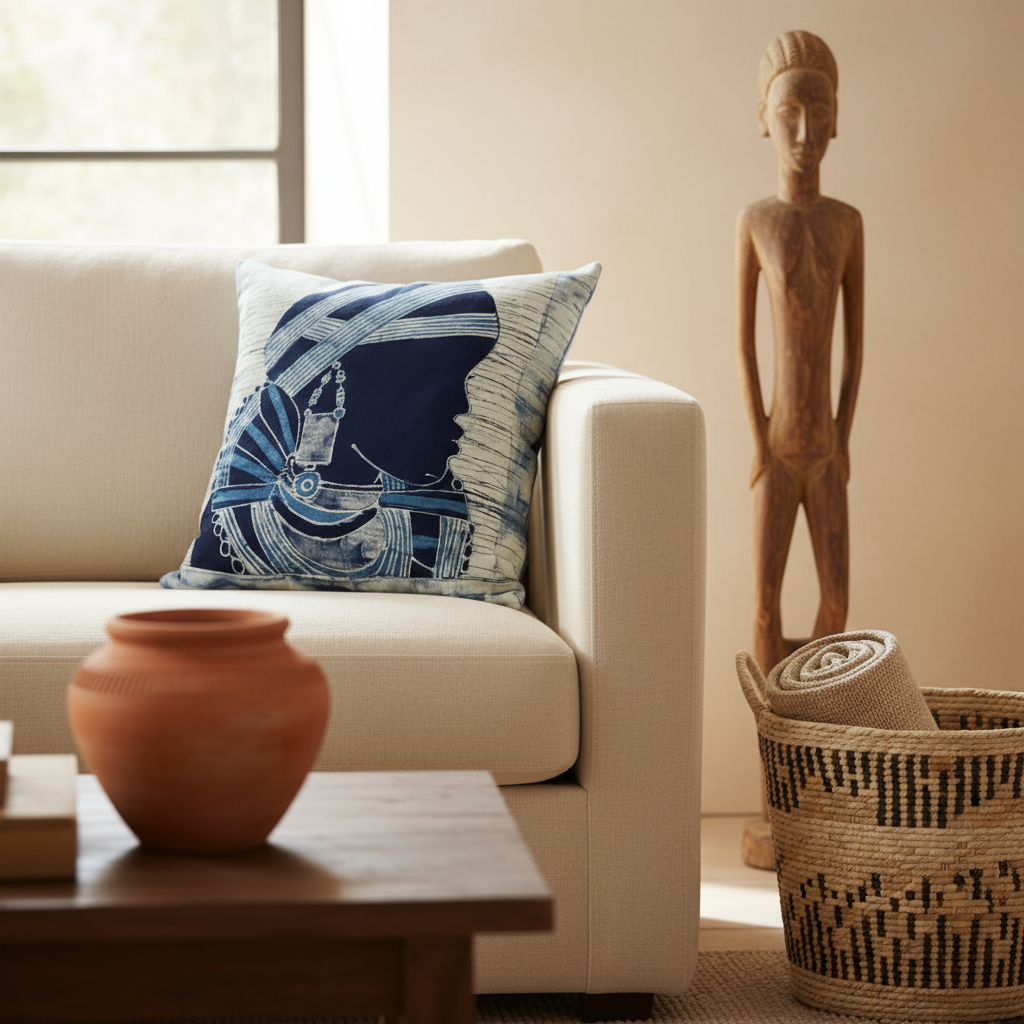 Batik Artisanal "Femme Peule" - Housse Indigo Fait Main