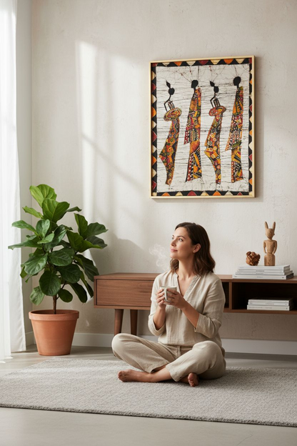 Batik Artisanal "Élégance en Mouvement" - Tableau Coton Unique