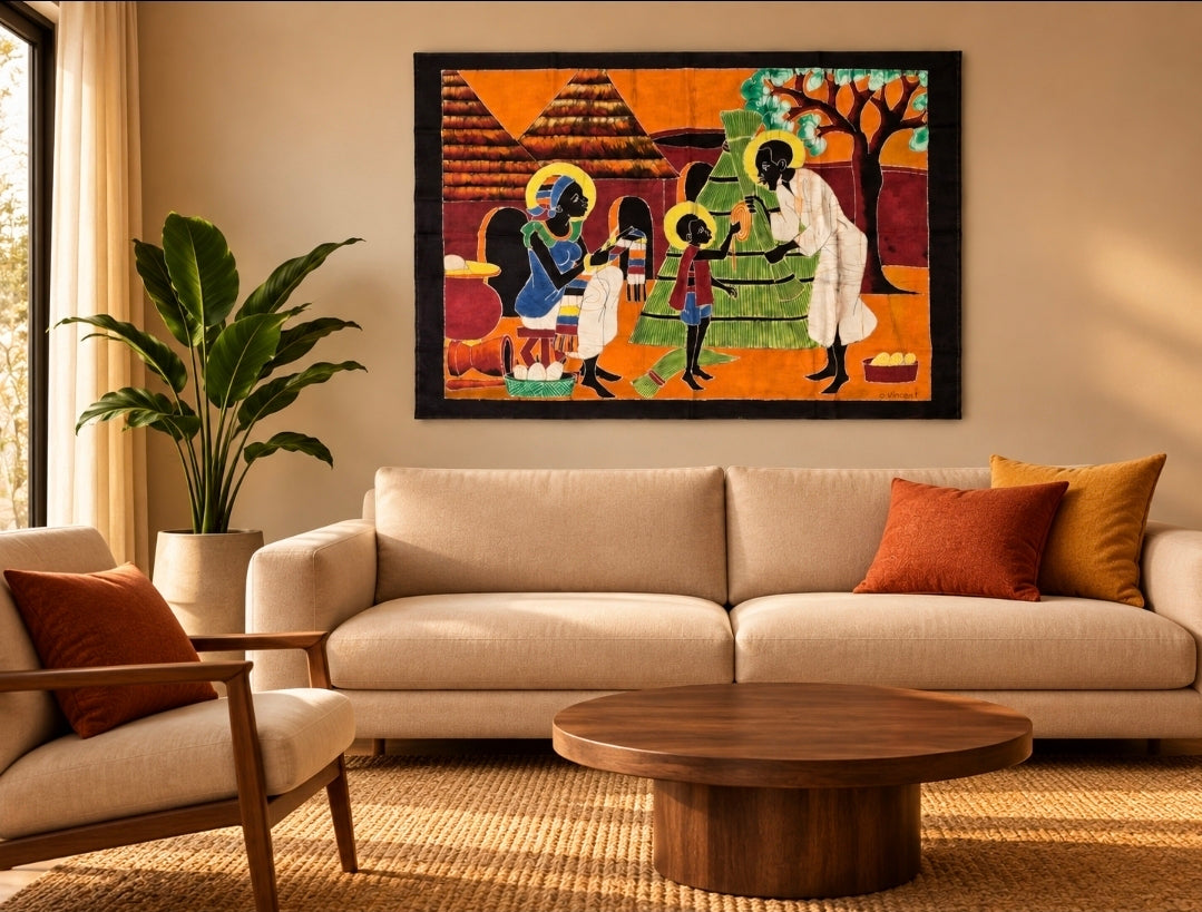 Tableau batik - le tressage de la case