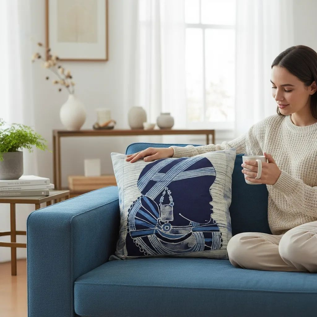 Batik Artisanal "Femme Peule" - Housse Indigo Fait Main