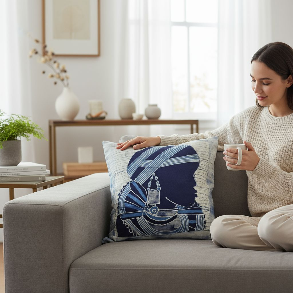 Batik Artisanal "Femme Peule" - Housse Indigo Fait Main