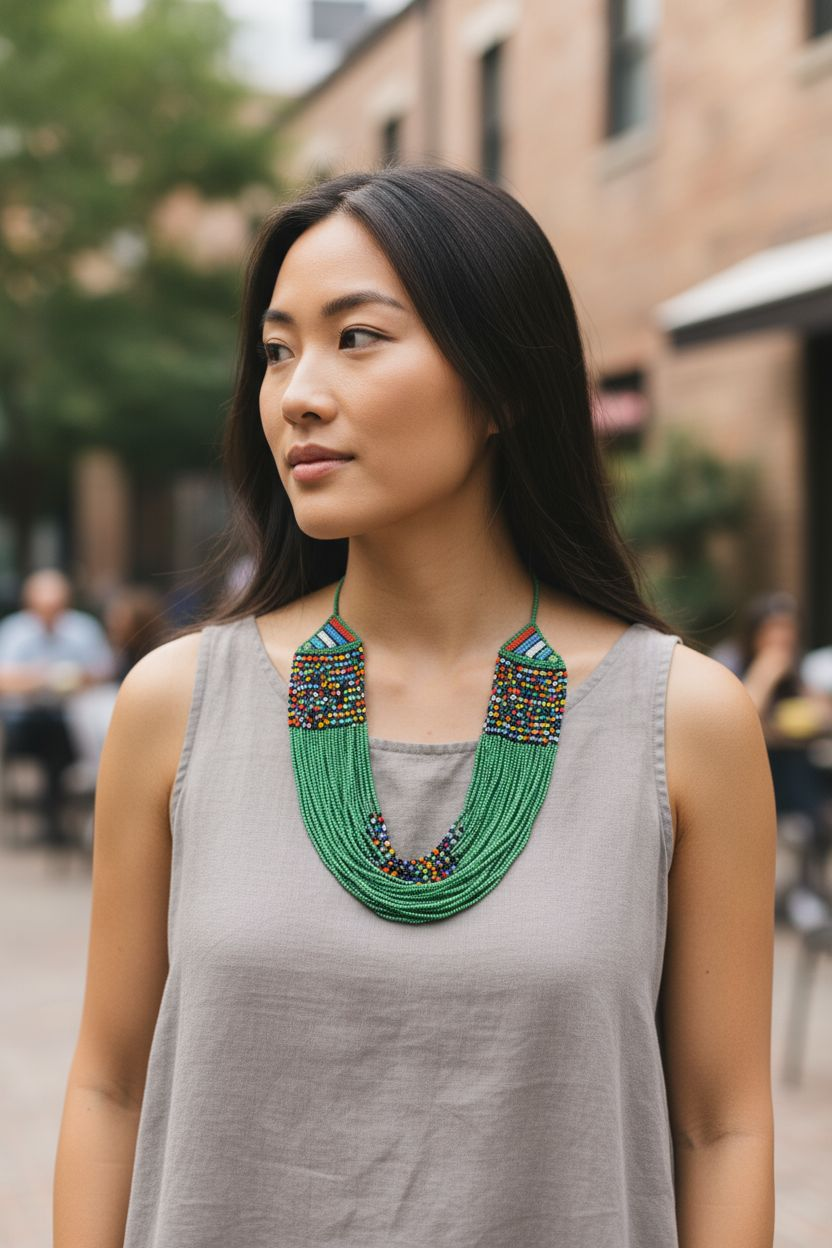 Collier et bracelet de perles : vert et multicolore