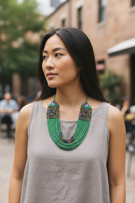 Collier et bracelet de perles : vert et multicolore
