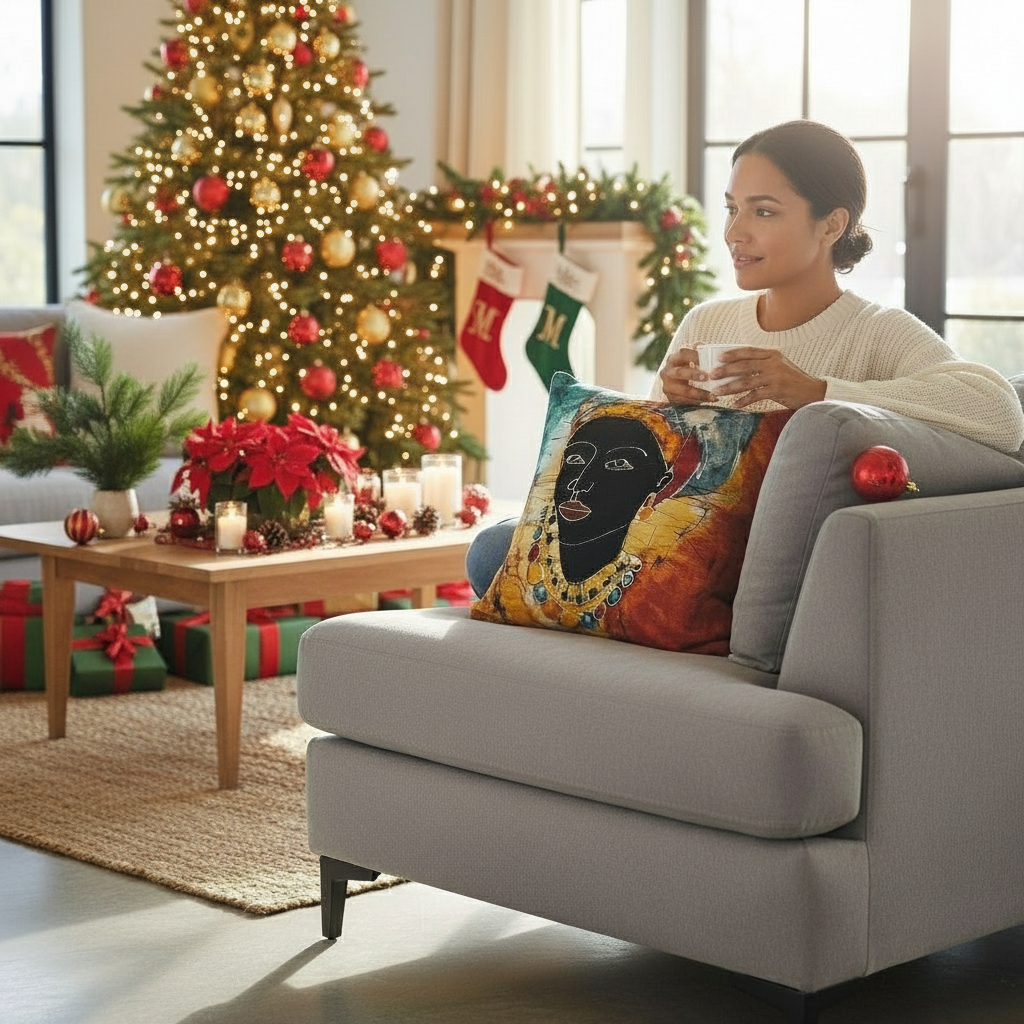 Batik Artisanal "Femme au Foulard" - Housse Coton Pièce Unique multi usages