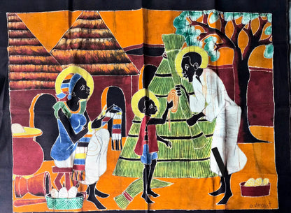 Tableau batik - le tressage de la case