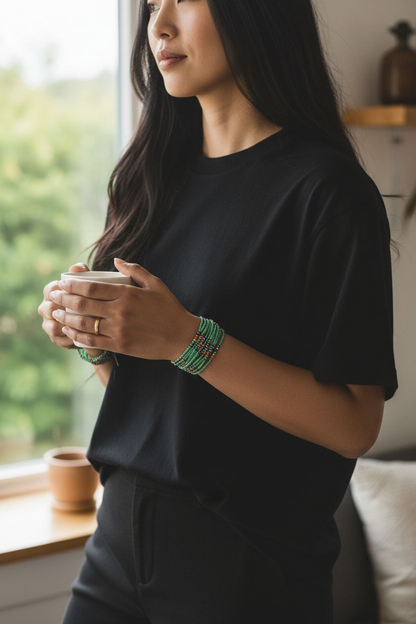 Collier et bracelet de perles : vert et multicolore