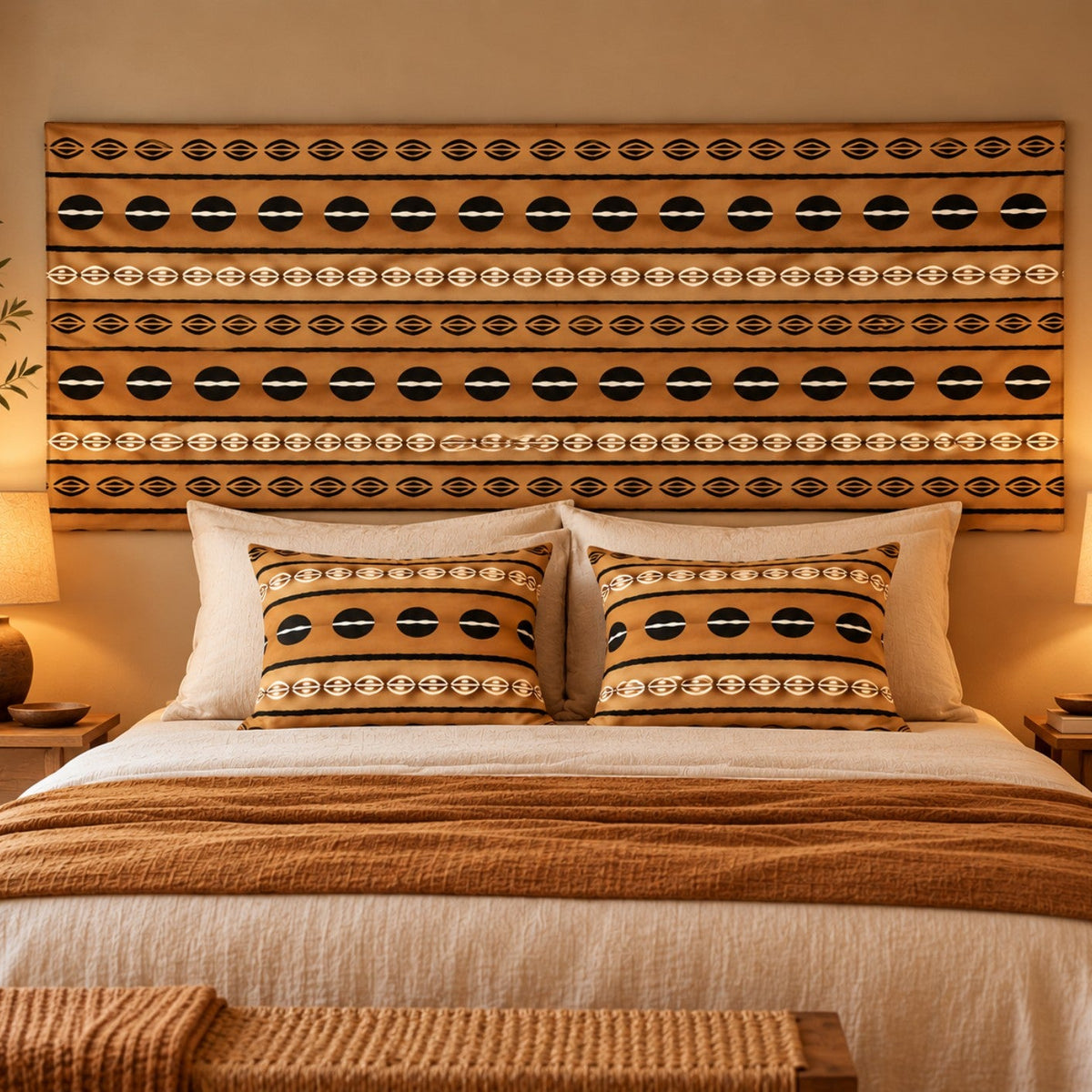 Suggestion de décoration chambre, étoffe bogolan en tête de lit